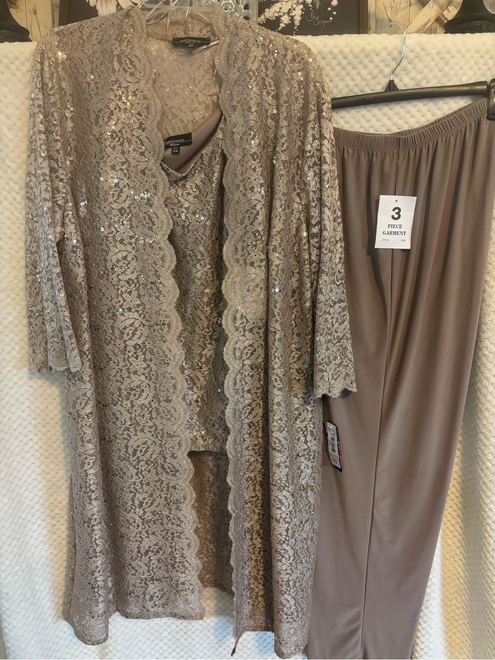 R&M Richards Taupe Lace & Sequin 3-Piece Wedding Ensemble